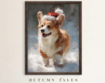 May include: A framed painting of a Corgi dog wearing a Santa hat, running through the snow. The dog has brown and white fur. The painting has a winter theme and the words "AUTUMN TALES" are at the bottom.