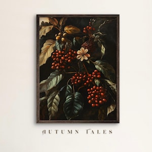 May include: A framed painting of a dark green leafy branch with clusters of red berries and a single white flower.