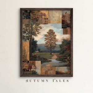 Puede incluir: Una impresión artística enmarcada que representa un paisaje otoñal sereno con árboles, un río y un camino. La obra de arte está compuesta por varios paneles rectangulares con una mezcla de elementos paisajísticos y fondos texturizados. Las palabras "AUTUMN TALES" están en la parte inferior.
