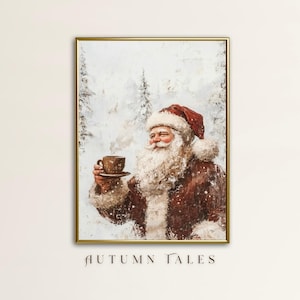 Puede incluir: Impresión enmarcada de Papá Noel en un paisaje nevado, sosteniendo una taza. Papá Noel lleva un gorro y abrigo rojos, con una larga barba blanca. La impresión tiene un estilo vintage, con el texto "AUTUMN TALES" en la parte inferior.