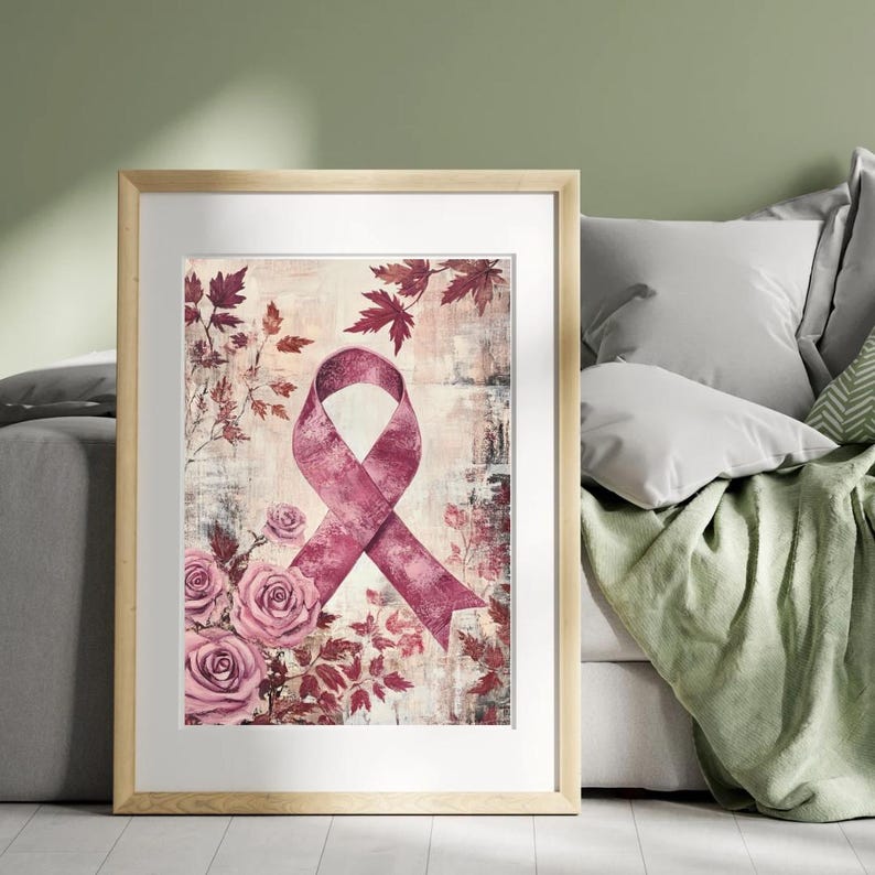 Breast Cancer Awarness Poster Wall Art Print, Floral Pink Ribbon ...