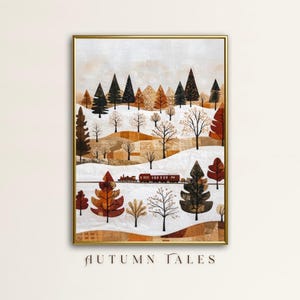 Puede incluir: Impresión artística enmarcada que representa un paisaje otoñal con un tren. La obra de arte representa una ladera nevada con árboles en tonos marrones, naranjas y verdes. El texto "AUTUMN TALES" está en la parte inferior de la impresión.