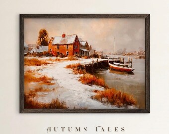 May include: A framed landscape painting depicts a coastal scene in muted tones. A red building with a snow-covered roof is the focal point, with a small boat docked nearby. The words "AUTUMN TALES" are at the bottom.