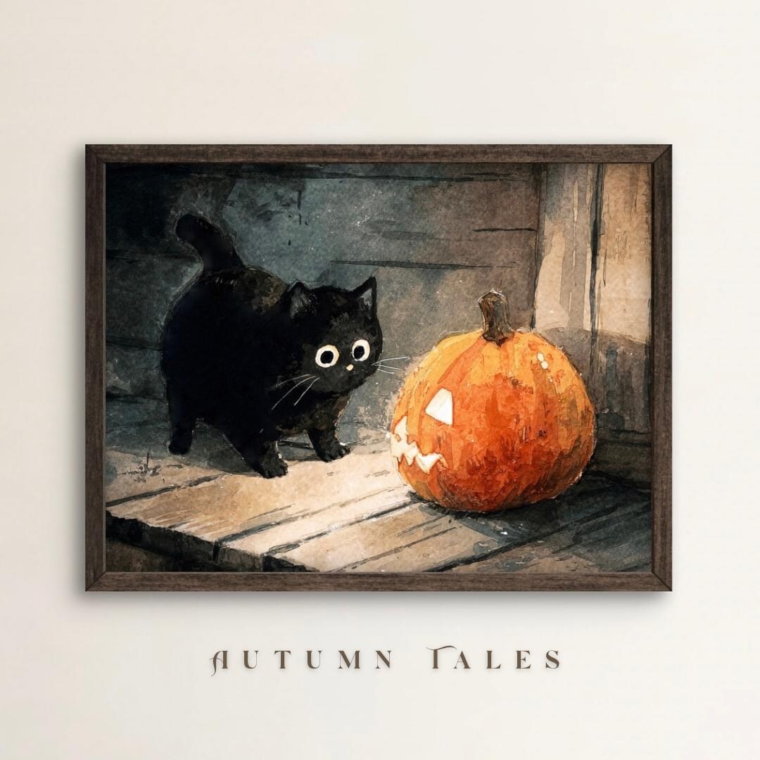 Fun Halloween Wall Art Print of a Cute Black Cat and Jack O Lanthern ...