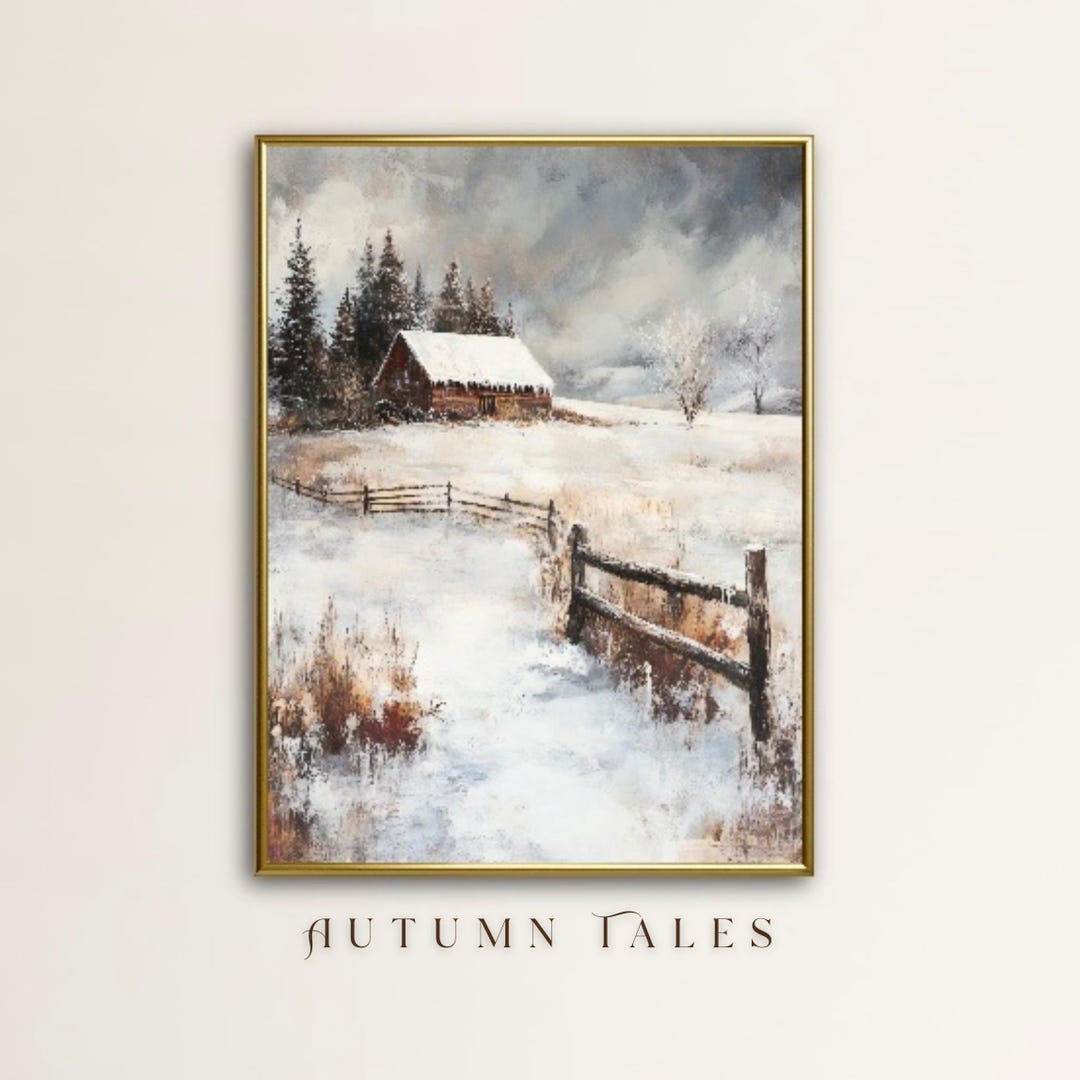 Winter Forest Landscape Wall Art Print, Moody Snow Covered Cottage Farm ...