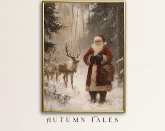 May include: A painting of Father Christmas in a red suit with a white beard and fur trim, standing in a snowy forest with two reindeer. The painting has a gold frame.
