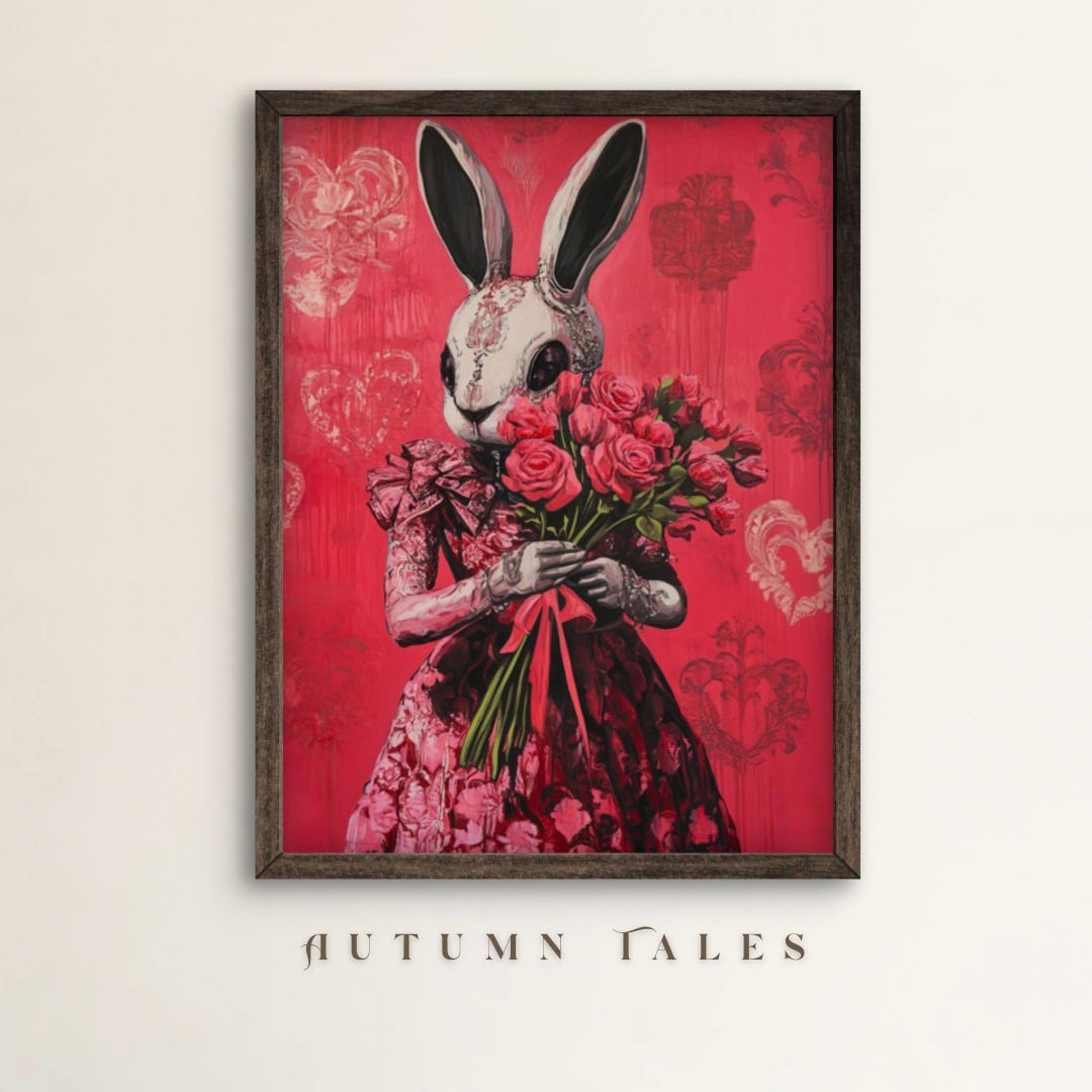 Valentines Anthropomorphic Rabit in Pink With Roses Wall Art Print ...