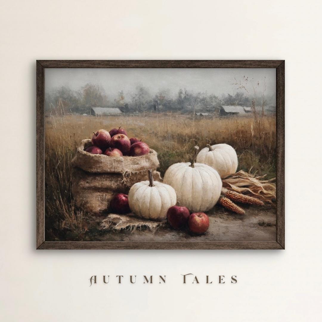 Fall Wall Art Print Harvest Farm Red Apple Pumpkin Corn in Autumn Field ...