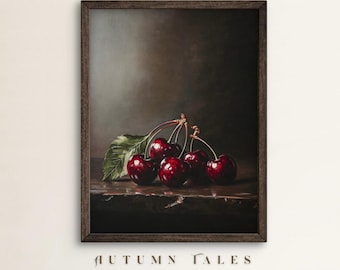May include: A still life painting of a cluster of dark red cherries with green stems and leaves on a dark brown surface.