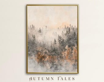Vintage Kiefer Baum nebligen nebligen Wald Berg Wand Kunst Druck, druckbare rustikale minimalistische Farmhose Wohnkultur, stimmungsvollen Herbst digitaler Download