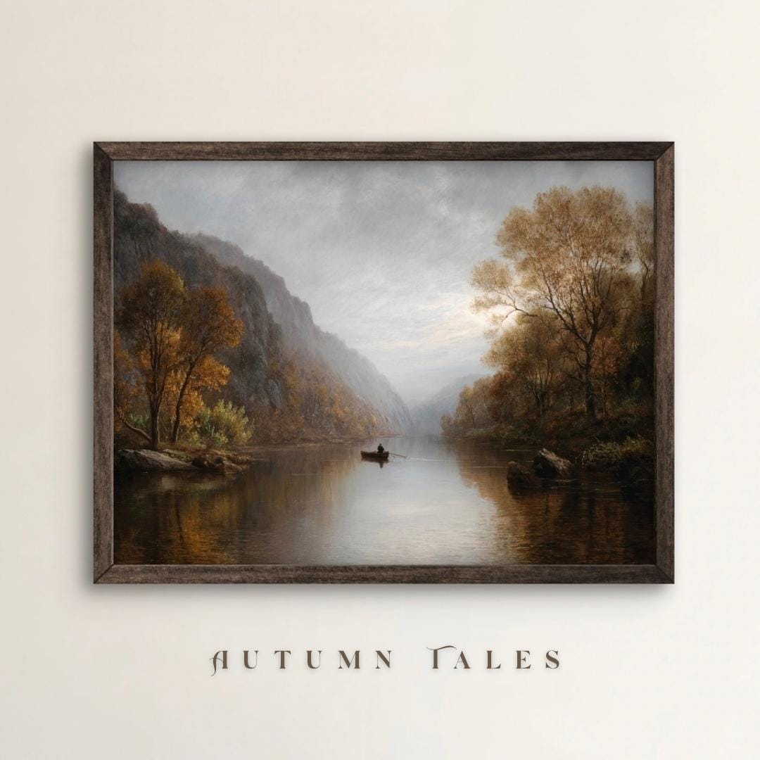 Moody Fall River Mountain Landscape Wall Art Print Misty Forest ...