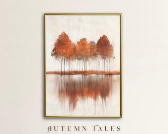 Minimalist White Rustic Orange Fall Winter Wall Art Print, White Burnt Orange Countryside Landscape Trees Lake Printable, Modern Farmhouse