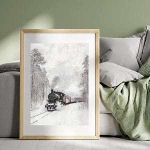 Printable Orient Express Train in a Snow Covered Forest, Christmas Wall Art Print, Moody Cozy Winter Winderalnd Printable, Digital Download image 5