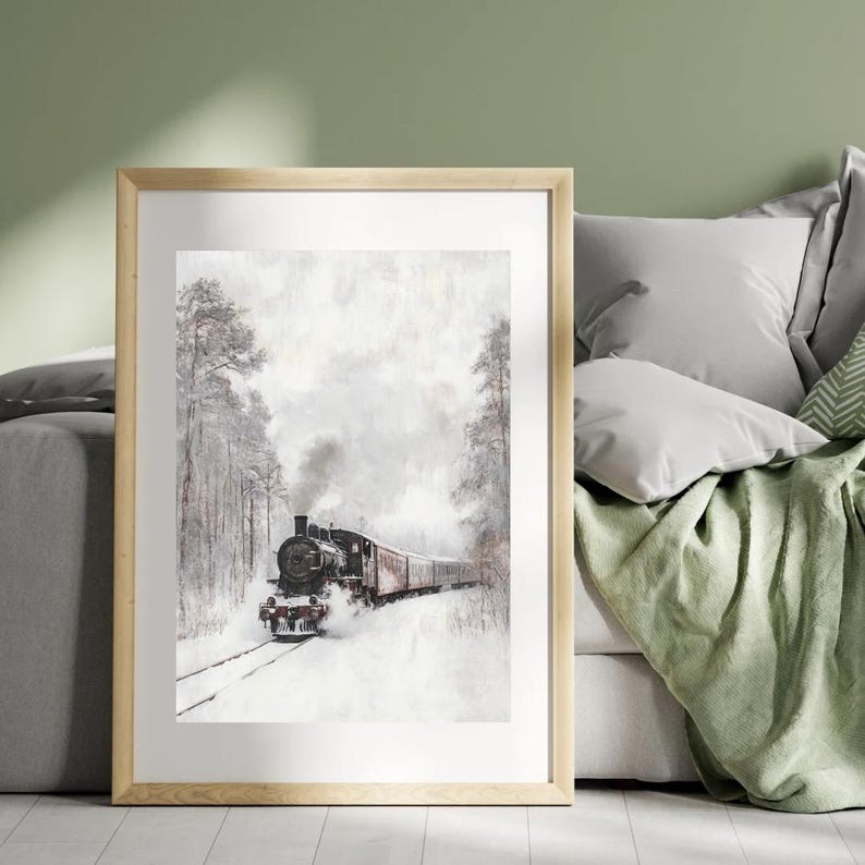 Printable Orient Express Train in a Snow Covered Forest, Christmas Wall Art Print, Moody Cozy Winter Winderalnd Printable, Digital Download image 5
