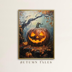 以下が含まれることがあります： 暗い森の中に、3つのジャック・オ・ランタンが描かれた絵画です。一番大きなカボチャは、光る目と大きな笑顔の彫刻された顔をしています。他の2つのカボチャは小さく、内側から光っています。背景は、空に向かって伸びる木の枝のある暗い森です。絵画のタイトルは「秋の物語」です。