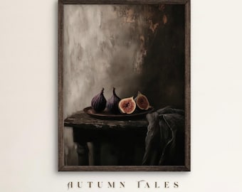 May include: A framed print of a still life featuring three figs on a wooden table with a dark gray cloth. The background is a textured, brown wall.