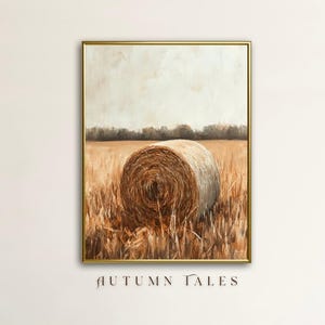 Impresión de arte de pared de cosecha de otoño / Impresión de campo de pacas de heno de otoño / Decoración de paisaje de granja vintage / Impresión de campo rústico / Naturaleza melancólica