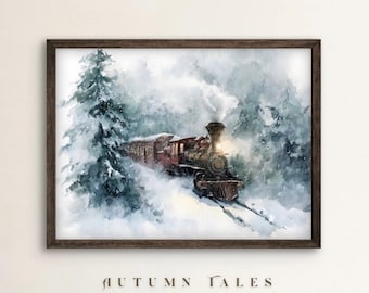 以下が含まれることがあります： 雪の森を走るヴィンテージ列車の水彩画。列車は赤と茶色で、煙突から煙が出ています。アートワークは濃い茶色の木製フレームに入っています。「AUTUMN TALES」の文字が下にあります。