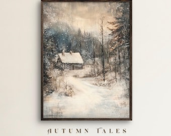 Op de afbeelding: Een schilderij van een klein houten huisje in een besneeuwd bos. Het huisje heeft een wit dak en een schoorsteen. Het bos is bedekt met sneeuw en er is een pad dat naar het huisje leidt.