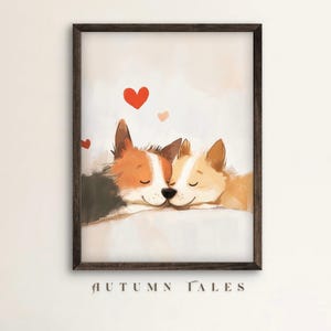 Stampa artistica da parete per San Valentino di due cuccioli addormentati con cuoricini, decorazione minimalista stampabile con cuccioli, regalo di San Valentino per bambini