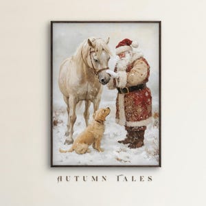 May include: A white horse, a golden retriever puppy, and Santa Claus stand in a snowy landscape. Santa is wearing a red and white suit with a white beard and a red hat. The horse is looking at Santa, and the puppy is looking at the horse.