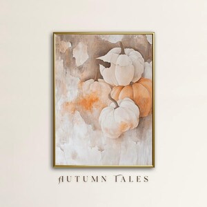 May include: A painting of pumpkins in shades of white, orange, and brown. The pumpkins are arranged in a cluster, with the largest pumpkin at the top. The background is a soft, abstract design in shades of gray and white.
