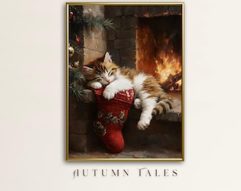 May include: A brown and white tabby kitten sleeps soundly inside a red Christmas stocking in front of a fireplace. The fireplace has a brick surround and a roaring fire.