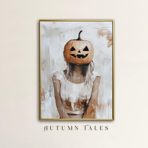 Könnte beinhalten: Ein Gemälde einer Person mit einem geschnitzten Kürbis auf dem Kopf. Der Kürbis hat ein traditionelles Jack-o'-Lantern-Gesicht. Der Hintergrund ist ein hellbraunes und weißes abstraktes Design. Das Gemälde ist in Gold gerahmt.