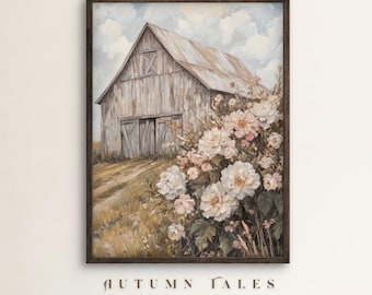 Vintage Scheune und Frühling Wildblumen Wand Kunst Druck, Blumen Frühling saisonale Bauernhaus Wand Dekor Botanische Farm druckbare digitale Download