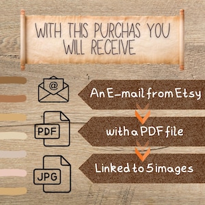 May include: Illustration showing what you will receive when you purchase a digital download on Etsy. An email from Etsy with a PDF file linked to 5 images.