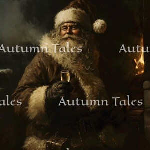 May include: A Santa Claus figure in a red and white suit, sitting in a chair with a glass of champagne in his hand. He has a white beard and moustache, and is wearing a brown leather jacket. The background is a dark, smoky room with a fireplace.