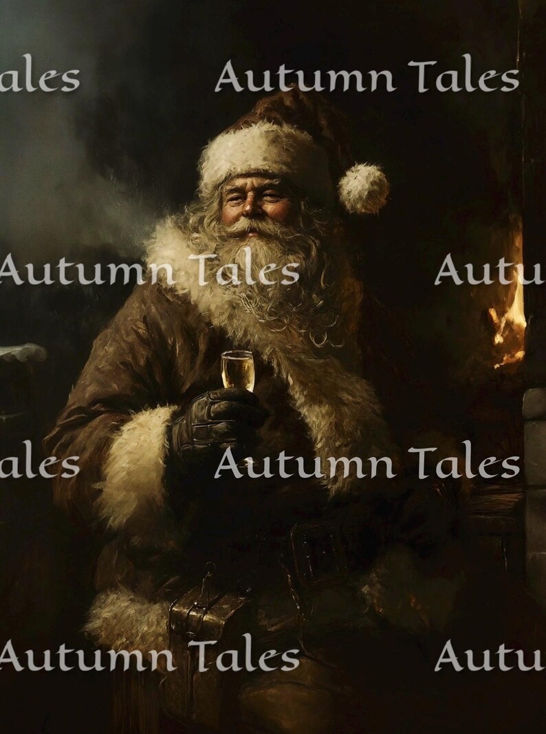 May include: A Santa Claus figure in a red and white suit, sitting in a chair with a glass of champagne in his hand. He has a white beard and moustache, and is wearing a brown leather jacket. The background is a dark, smoky room with a fireplace.