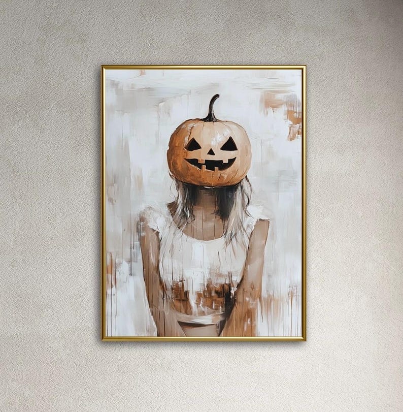 Halloween Spooky Fall Wall Art Print People Art Pumpkin Head Girl