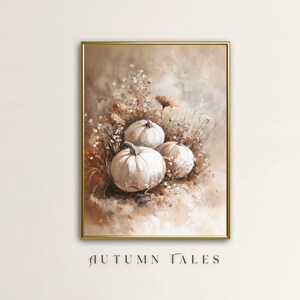 May include: A painting of three white pumpkins in a field of brown and white wildflowers. The pumpkins are arranged in a cluster, with the largest pumpkin in the center. The background is a soft, muted brown.