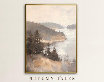 Kiefer Baum Berglandschaft Herbst Wand Kunst Druck, Küsten Vintage nebligen nebligen Waldsee Wohnkultur, antikes launisches minimalistisches Ölgemälde
