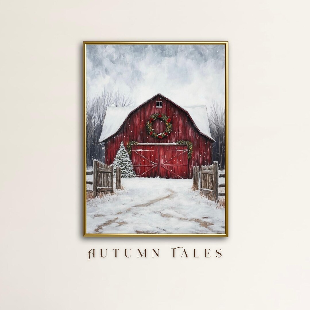 Cottagecore Christmas Wall Art Print of a Rustic Red Barn With ...