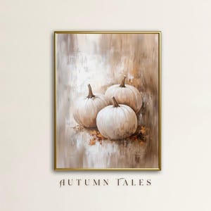 May include: A painting of four white pumpkins on a brown and beige background. The pumpkins are arranged in a cluster, with the largest pumpkin in the center. The painting has a textured, abstract style.