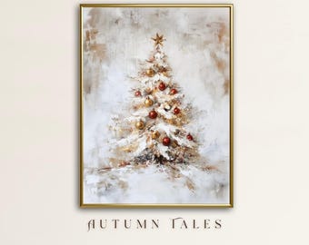 Op de afbeelding: Een besneeuwde witte kerstboom met gouden en rode ornamenten. De boom is ingelijst in een gouden lijst en de tekst "AUTUMN TALES" staat onder de lijst.