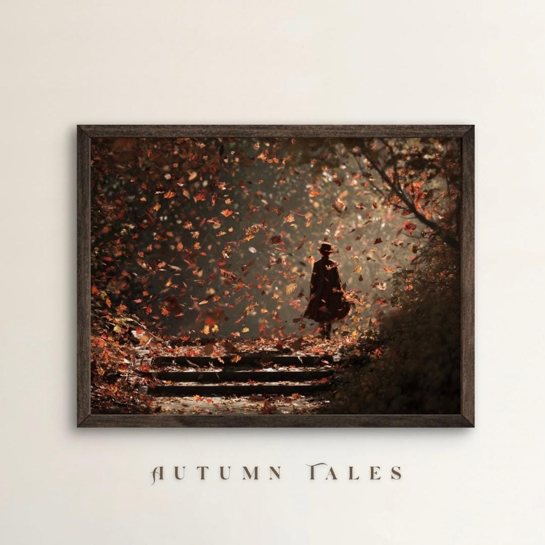 Fall Leaves Wall Art Printable Moody Autumn Forest Landscape Print Girl ...