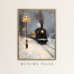 Peut inclure: Peinture à l'huile d'un train d'époque traversant un paysage enneigé. Le train est noir avec un phare brillant, et de la fumée s'échappe de sa cheminée. Un lampadaire illumine la scène, avec le texte "AUTUMN TALES" en bas.