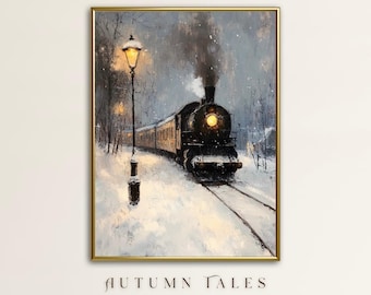 May include: An oil painting of a vintage train traveling through a snowy landscape. The train is black with a bright headlight, and smoke billows from its smokestack. A lamppost illuminates the scene, and the text "AUTUMN TALES" is at the bottom.