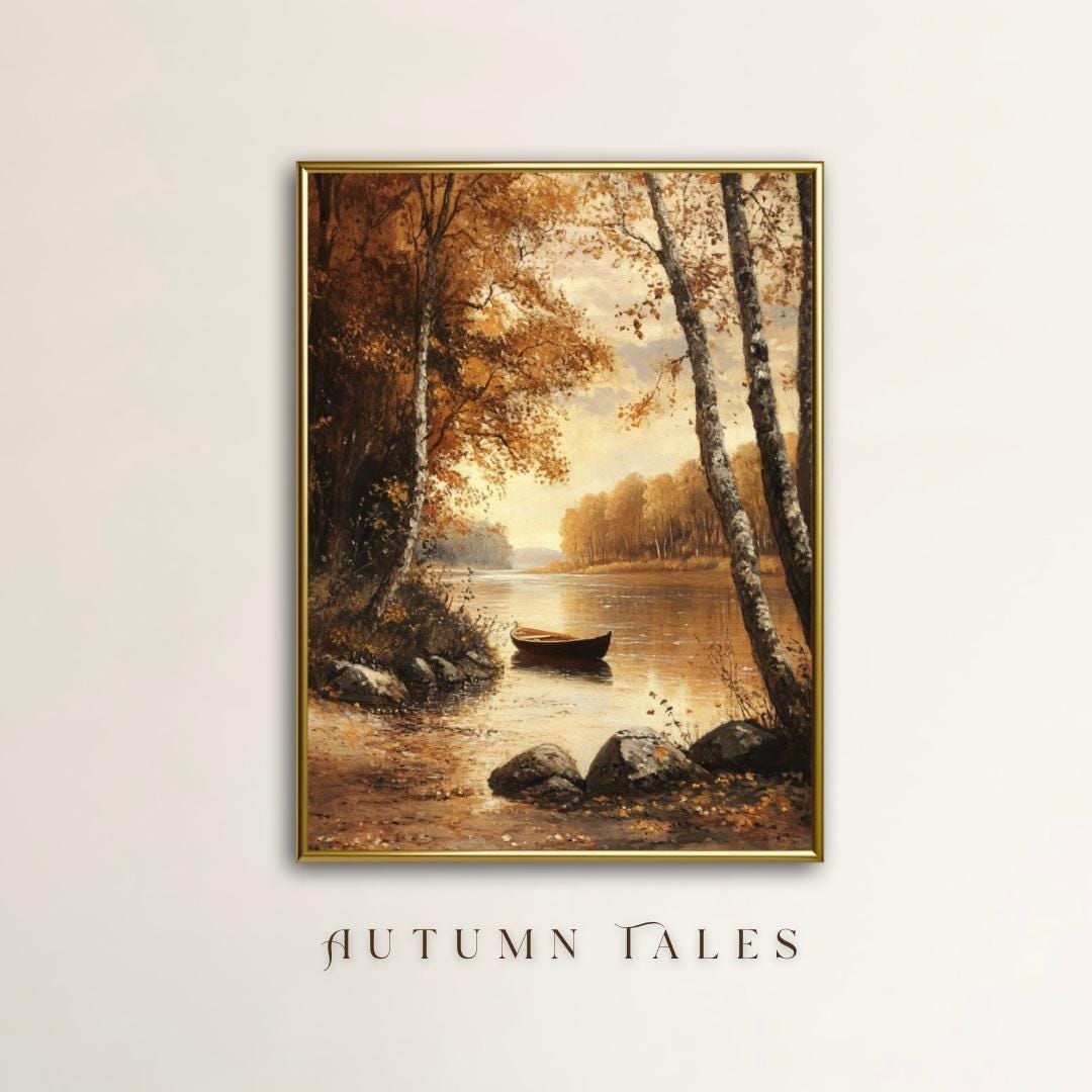 Herbst See und Boot Wand Kunst | Herbst Landschaft Printable | Bauernhaus Wohndekor | Ruhige erdige Landschaft bei Sonnenuntergang