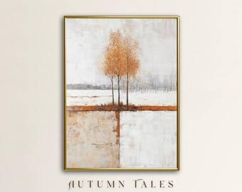 Modern Fall Winter Wall Art Print, Abstract Geometric Autumn Lanfscape Countryside Scenery Print, Rustic White Burnt Orange Farmhouse Decor
