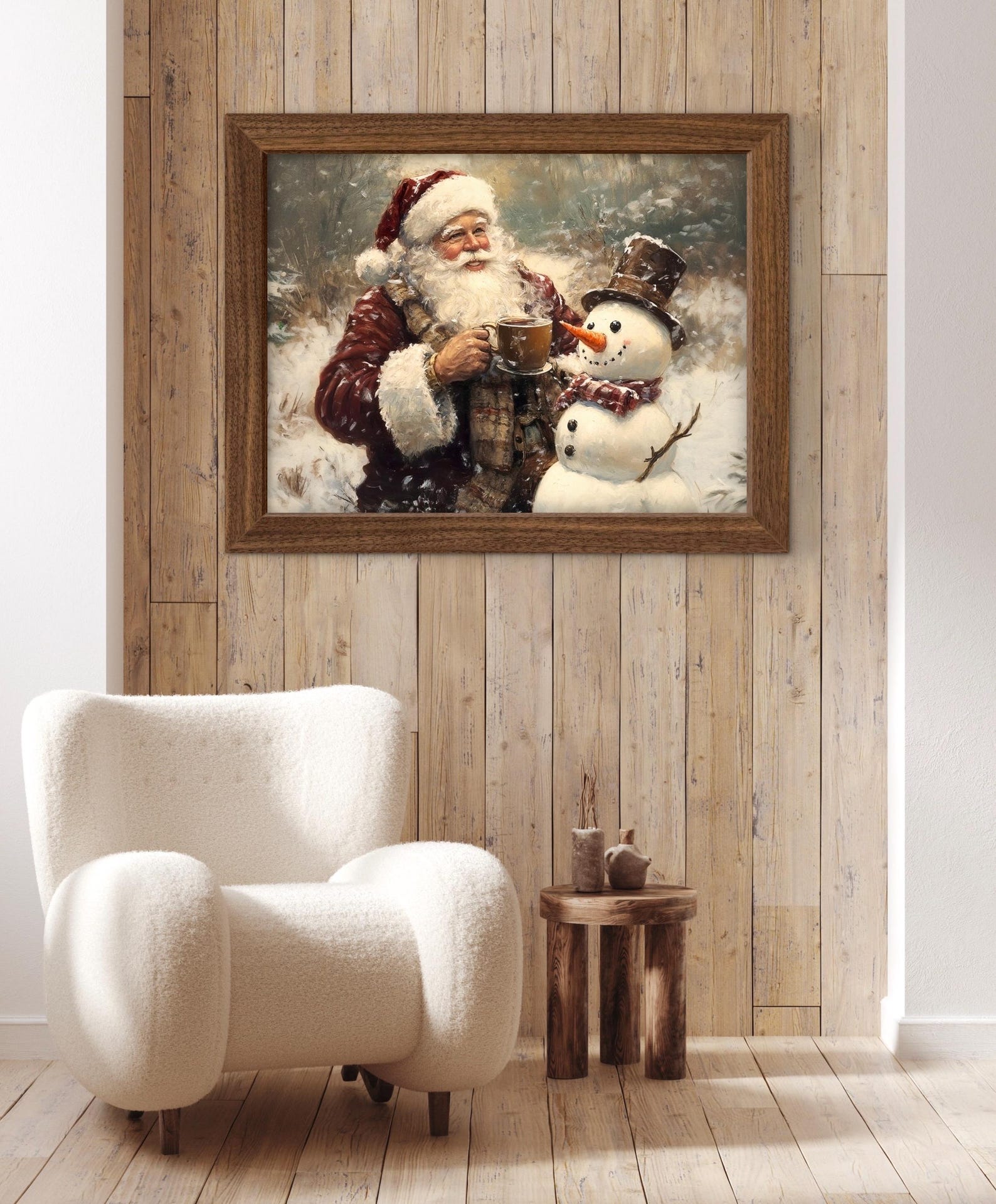 Vintage Santa and Snowman Christmas Wall Art Print Cozy Winter ...