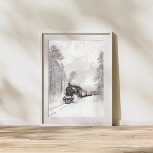 Printable Orient Express Train in a Snow Covered Forest, Christmas Wall Art Print, Moody Cozy Winter Winderalnd Printable, Digital Download image 2