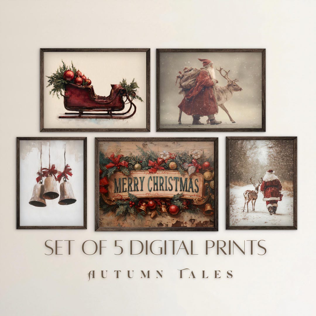 Vintage Christmas Wall Art Print Set of 5 Bundle Art Gallery Printable ...