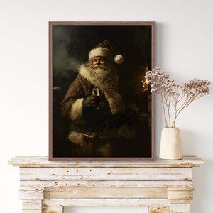 May include: A painting of Father Christmas in a dark setting, wearing a red and white hat and a brown coat, holding a glass of champagne. He has a white beard and a serious expression on his face.