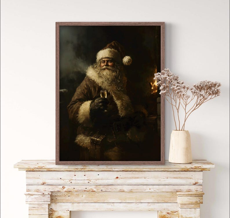 May include: A painting of Father Christmas in a dark setting, wearing a red and white hat and a brown coat, holding a glass of champagne. He has a white beard and a serious expression on his face.