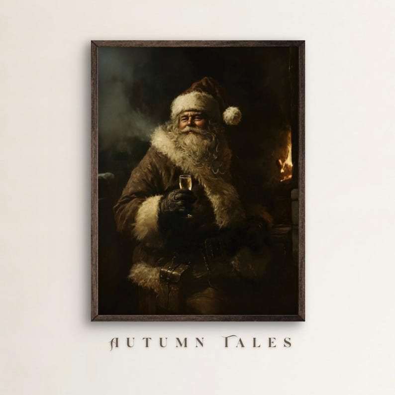 May include: A painting of Father Christmas in a brown coat and white beard, holding a glass of champagne. He is standing in front of a fireplace with a fire burning in it. The painting is framed in a dark wood frame.