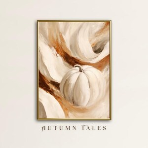May include: Abstract painting of a white pumpkin with brown and white swirls in the background. The painting is framed in a gold frame.